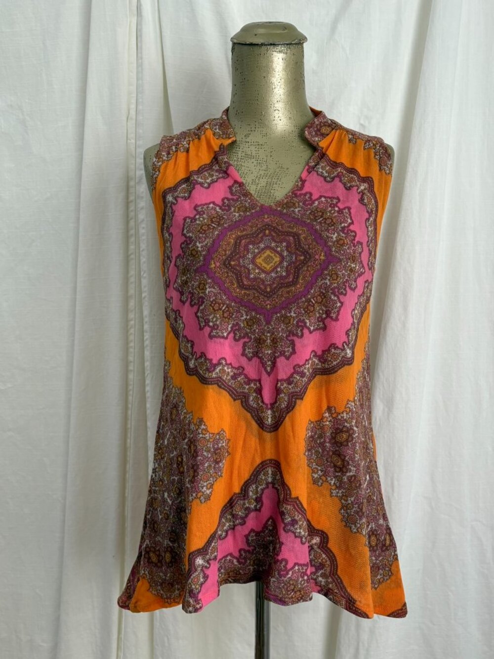 Y2K Vintage Sweet Pea Stacy Frati Boho Orange Pink Sleeveless Mesh Blouse Top XS